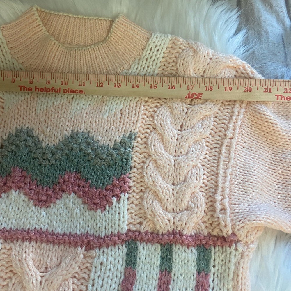 Bramble Lane Sz M Hand Knitted Cable Knit Sweater Coral w/ Green & Rust Accents - Picture 10 of 13